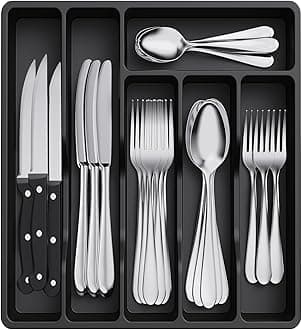 LifewitCutlery Drawer Organiser, Plastic Cutlery Tray for Kitchen Drawer, Utensil Flatware Silverware Holder Divider for Spoons Forks Knives Tableware, 6 Compartment, BlackRecycled Claim Standard 100