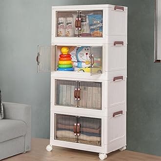 ABOUT SPACE Plastic Cupboard For Storage -4 Tier Diy Foldable Cupboard With Door,Caster&Roller Wheels|Kids Wardrobe For Clothes Collapsible Racks For Home Office Bedroom(L 48.5 X B 29X H112Cm), Ivory