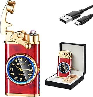 GADATOP Electric Windproof Lighter - USB Rechargeable Flameless Double Arc Plasma Lighter with Luminous Real Watch dial LED (Grain Wood red)