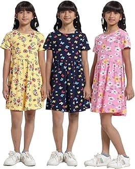 Girls Printed Cotton Casual Knee-Length Dress(Pack of 3)