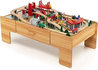 Train Table, 2 in 1 Kids Activity Table w/Storage Drawer, 100 Multicolor Pieces, Railway, Track, Cars, City, DIY Design, Reversible Tabletop, Gift for Boys Girls, Wooden Train Set (Natural)