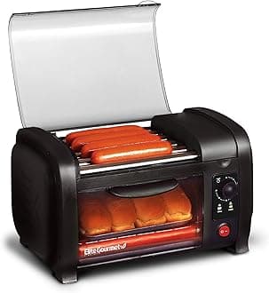 Elite GourmetElite Cuisine EHD-051B# Hot Dog Toaster Oven, 30-Min Timer, Stainless Steel Heat Rollers Bake & Crumb Tray, World Series Baseball, 4 Bun Capacity, Black