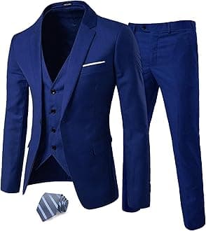 MrSure Men’s 3 Piece Suit Blazer, Slim Fit Tux with One Button, Jacket Vest Pants & Tie Set for Party, Wedding and Business, Royal Blue, XXL