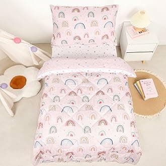 Toddler Bedding Set for Girls, 4 Piece Toddler Girl Bedding Set, Super Soft & Lightweight Pink Toddler Comforter Set Includes Comforter, Flat Sheet, Fitted Sheet, Pillowcase (Rainbow)