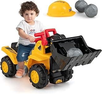 Costzon Ride on Excavator, Ride on Construction Vehicles w/Helmet, 3 Toy Stones, Realistic Sound, Adjustable Bucket & Under Seat Storage, Bulldozer Ride on Toy Gift for Kids Boys & Girls