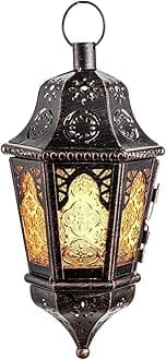 DECORKEY Moroccan Style Candle Lantern, Vintage Decorative Hanging Lantern for Home Outdoor Patio, Metal Halloween Candle Holders (Amber)