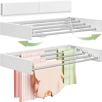 Vikaqi Wall Mounted Clothes Drying Rack 32", Foldable Wall Mount Laundry Rack Folding Indoor, Drying Rack Clothing Collapsible, Hidden Space Saver with Wall Template, 5 Rods, White