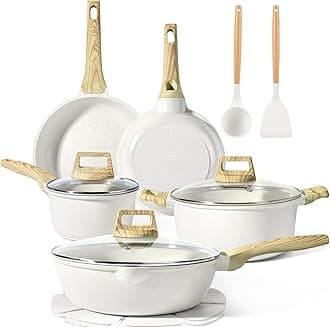 GiPP Pots and Pans Set Non Stick - 10 Pcs White Granite Kitchen Cookware Sets Nonstick Induction Cookware Cooking Pan Set with Frying Pans, Saucepans and Silicone Utensils, PFOS & PFOA Free