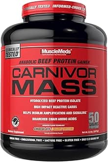 MuscleMeds CARNIVOR Mass Gainer Beef Protein Isolate Shake, 50 Grams Protein, 125 Grams Carbs, 0 Fat, 0 Sugar, Lactose Free, Halal Certified, Chocolate Peanut Butter, 6 Pound