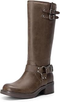 DREAM PAIRS Women's Knee High Boots Side Zipper Motorcycle Boots Square Toe Chunky Low Heel Fashion Buckles Biker Riding Boots, Brown-nubuck, 8