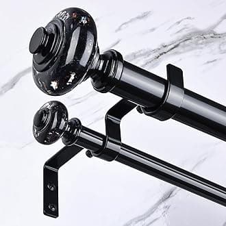 Black Double Curtain Rods for Windows 72 to 144 Inch, 1 Inch Adjustable Decorative Crystal Long Dual Curtain Rod, Heavy Duty Vintage Double Drapery Pole with Black Foil Finial for Living Room