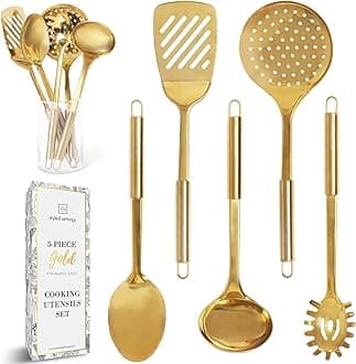 Gold Kitchen Utensils Set – 5-Piece Stainless Steel Kitchen Tools for Modern Cooking and Serving – Dishwasher Safe Ladle, Spoon, Spatula, Pasta Fork, Luxury Brass Kitchen Accessories for Home Chefs