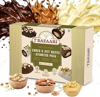 7 BAZAARI™ Premium Choco & Nut Dates - Gluten Free, Natural Ingredients - Assorted Almond Dark Chocolate, Cashew Milk Chocolate- 6pcs (Pack of 1)