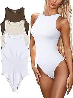 Womenâ€™s Sexy Ribbed Bodysuit Tops - 3 Piece Sleeveless Halter Neck Bodysuits with Tummy Control (Color : Coffee Beige White, Size : M)