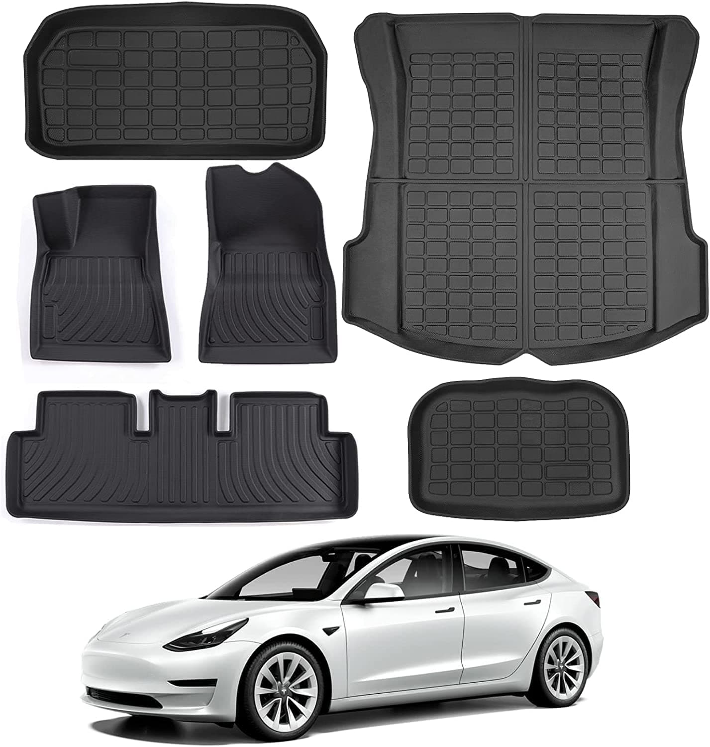 Moonmen 6PCS Full Sets Tesla Model 3 Floor mats 2021-2023, All Weather 1st&2nd Seater Floor Mat and Front & Rear Trunk Mat, Waterproof Anti-Slip Heavy Duty Cargo Liner Mat, Car Accessories (Model 3)