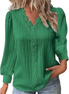 Long Sleeve Shirts for Women 2024 V Neck Lace Tops Business Casual Dressy Blouses Work Oversized Shirts Fall Clothes