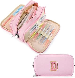 Extra Large Capacity Pencil Case 3 Compartment Initial Pencil Pouch Personalized Cute Aesthetic Stationery Pen Case Bag for School Teen Girl Boy Men Women Gift (D, Pink)
