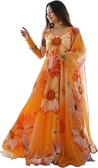 ShasmiWomen's Stylish Floral Printed Orgenza Anarkali Ankle Length Dress Gown, Kurta with Dupatta Set Anarkali Floral Printed Gown with Dupatta