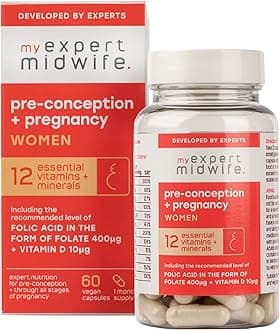 My Expert MidwifePre-Conception & Pregnancy Women's Supplements, 12 Essential Prenatal Vitamins & Minerals, Including 400μg Natural Folic Acid from Folate, 10μg Vitamin D, 60 Capsules, Vegan