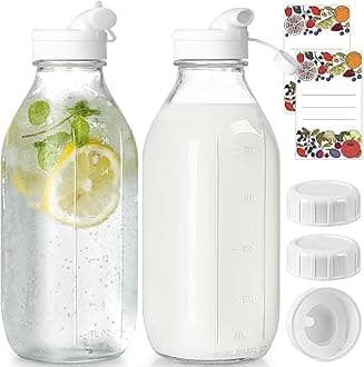 2 Pack Glass Milk Bottle with 2 Dispenser Caps, 100% Airtight Heavy Duty Screw Lid. 32 Oz Reusable Glass Water Jug with 3 Lids! Breast Milk Pitcher, Buttermilk, Nut, Juice, Syrup, Coffee Creamer
