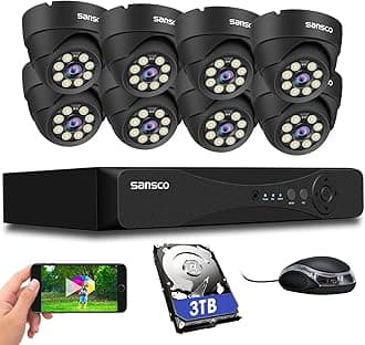 SANSCO 8 Channel 5MP CCTV Camera System + 3TB Hard Drive, (8) 3K In/Outdoor Dome Cameras (Wall/Ceiling Mounted IP66 Vandalproof, Mobile Viewing with Motion Activated Push Alert/Email, 24/7 Recording)