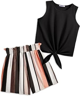 Arshiner Girl's 2 Piece Outfits Tie Knot Tank Top and Paperbag Waist Pocketed Summer Short Sets