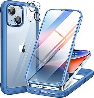 MiracaseCompatible with iPhone 14 Plus 6.7, 2023 Clear Full Body Case with Built-in 9H Tempered Glass Screen Protector + Camera Lens Protector for iPhone 14 Plus (Blue)