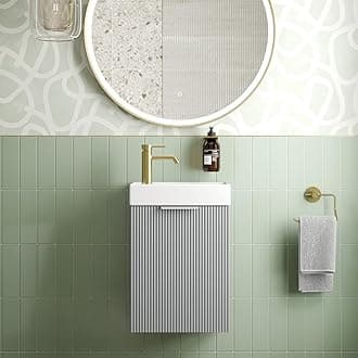 Fluted 400mm Bathroom Vanity Unit Ceramic Wash Sink, Cloakroom Storage Furniture Under Basin Cabinet Wall Hung Cupboard, Matt Grey