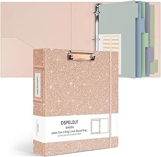 Ospelelf Vintage Hardcover 3 Ring 2 inch Leather Binder, Professional Binder Organizer Suitable for Letter Size, Binder Dividers with Tabs, Clipboard Design, Faux Glitter Pink Leather