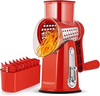 Rotary Cheese Grater with Handle - Vegetable Shredder with 5 Well-designed Blades & Strong Suction Base,Round Mandoline Slicer & Food Chopper for Kitchen,with Blade Storage Box(Red)