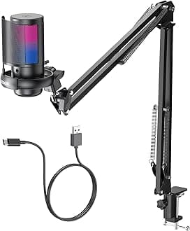 COCONISE Gaming Microphone, USB PC Mic for Podcasts Videos, Streaming, Condenser Mic with Quick Mute, Tripod Stand, Pop Filter, RGB Indicator, Shock Mount, Rotate gain button, Compatible with PS4/5/PC