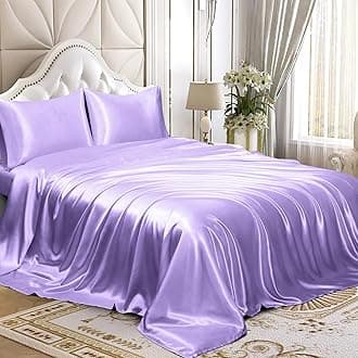 4pcs Satin Sheets Set Luxury Silky Satin Bedding Set with Deep Pocket, 1 Fitted Sheet + 1 Flat Sheet + 2 Pillowcases (King Size, Lavender)