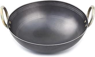 VISMAY'S 1 Litre 10 Inch Food Grade Iron Kadhai Wok Frypan Lohe ki Kadai Smooth Edges Riveted Handles Deep Frying, Roasting Metal Spoon Friendly Traditional Indian Cooking Durable Kitchen Cookware
