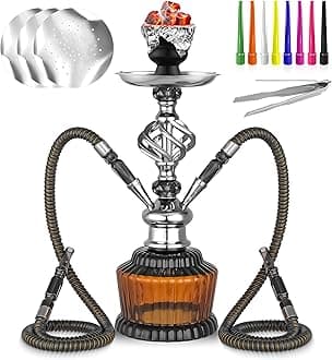 2 Hose Hookah Set 15'' Shisha With Everything Glass Vase Hollow-Carved,Coal Tong, Hookah Foil, Disposable Tips (Brown)