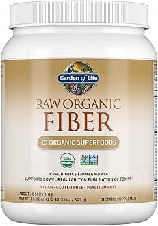 Garden of Life Raw Fiber, Organic Unflavored Fiber Powder with 15 Organic Superfoods, Probiotics, Omega-3 ALA, Soluble and Insoluble, Psyllium Husk Free, 30 Servings