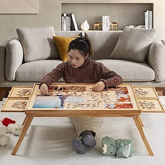 1500 Piece Wooden Jigsaw Folding Puzzle Board, Puzzle Table with Legs and Protective Cover, 34” X 26.3” Jigsaw Puzzle Board with 4 Drawers & Cover, Portable Puzzle Tables for Adults and Children
