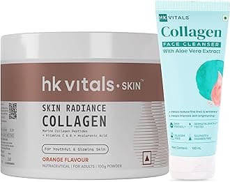 hk vitals Marine Collagen Supplements (Orange, 100g) with Collagen Face Cleanser with Aloe Vera Extract, 100ml | Combo Pack