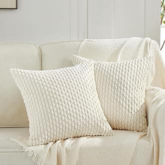 2 Packs Cream White Decorative Throw Pillow Covers 16x16 Inch for Couch Bed Sofa, Modern Farmhouse Boho Home Decor, Soft Cute Plush Corduroy Cushion Case 40x40 CM