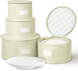 storageLAB China Storage Containers, Hard Shell Case with Felt Dividers for Charger Plates, and Dishes, Ideal for Kitchen Organization, Moving Supplies, and Fine China Storage - 4-Piece Set, Cream