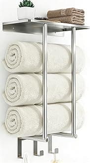 Towel Racks for Bathroom Wall Mounted, BETHOM Towel Rack with Shelf & 3 Hooks, Bathroom Towel Storage Wall Can Holds Up to 3 Large Size(63x40 inch) of Rolled Towels, Brushed Nickel