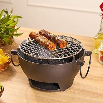 HomeEssentials Mini Cast Iron Griller Barbeque Grill - Durable Barbeque Grill & BBQ Grill Set for Home | Ideal Barbecue Grill for Indoor & Outdoor Cooking | Perfect for Grilling and Frying