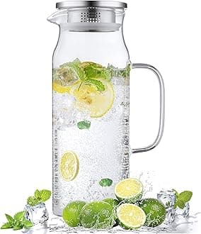 1.6 Liter 54 oz Glass Pitcher with Lid and Handle, Glass Carafe Water Pitcher for Hot/Cold Water, Iced Tea, Drinks, Coffee, Juice and Homemade Beverage