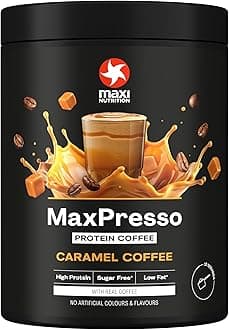 MaxiNutrition MaxPresso Caramel, Protein Coffee, Whey Protein Powder, 21 g Protein per Serving, Sugar-Free & Low-Fat, Mix Warm or Cold