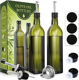 AOZITA [2 PACK 17 oz Glass Olive Oil Dispenser Bottle Set - 500ml Dark Green Oil & Vinegar Cruet Bottle with Pourers, Funnel and Labels - Olive Oil Carafe Decanter for Kitchen