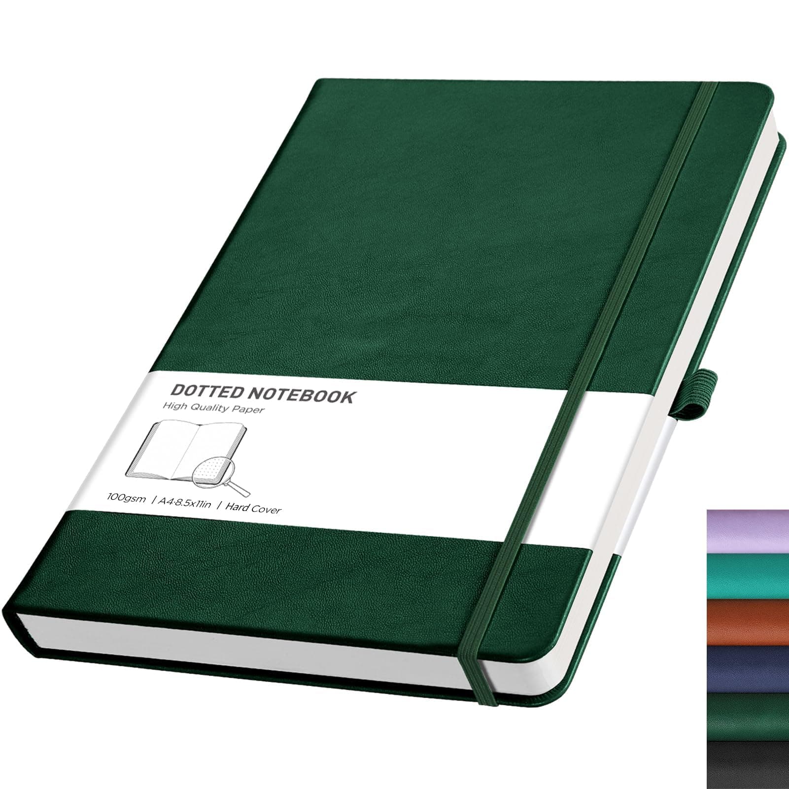RETTACY Dotted A4 Notebook Journal -192 Pages Note Book for Bullet, Hardcover Leather Notepad with Pen Loop for Women Men Work Office School (21.5 x 27.9cm)-Dark Green