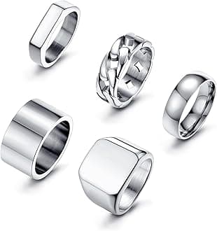 Sanfenly5 PCS 14K Gold Rings for Men Mens Gold Ring Mens Stainless Steel Rings Square Signet Rings Pinky Thumb Ring Chunky Thick Band Cuban Link Chain Ring Cool Finger Ring Wedding Band Ring for Men（Size 7-15）Carbonfree Certified