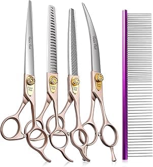 Fenice Peak 7‘’ Professional Dog Grooming Scissors Set Rose Gold 440C Stainless Steel Straight Thinning Curved Chunker Shears 4pcs Set for Pet Grooming Services Dogs and Cats