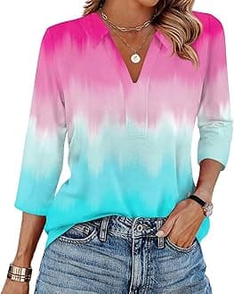 Women's 3/4 Sleeve V-Neck Collared Tops Summer Business Casual Work Polo Shirts 2025 Trendy Loose Fit Basic Tees
