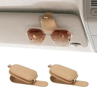 Yuoyar2 Packs Sunglasses Holders for Car Visor - Magnetic Leather Sunglasses Holder and Ticket Card Clip - Car Visor Accessories (Beige)