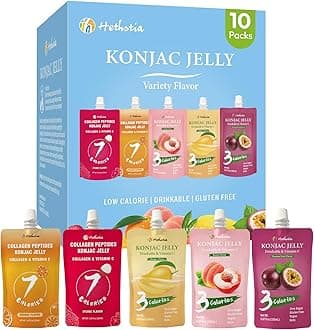 Hethstia Konjac Jelly Drinkable Pouch Variety Pack - Low Calorie, 0 Sugar, Gluten-Free, Collagen Peptides & Vitamin C - 10 Pack - Lychee, Passion Fruit, Mango, Peach, Orange- Healthy Fruit Snacks